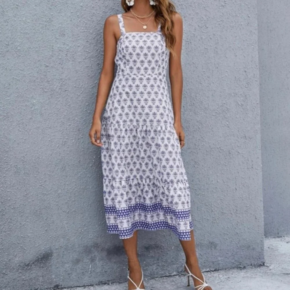Hot Boho Dress Blue + White Floral Botanical Print Midi - Picture 1 of 6